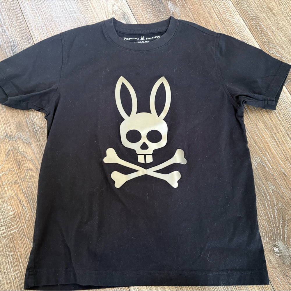 Psycho Bunny kids large Black Tee with Gold Bunny Skull